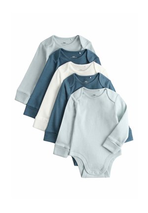 Fem langærmede babybodyer i forskellige nuancer af blå og hvid, lagt i en vifteform med trykknapper forneden.