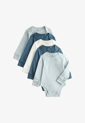 Fem langærmede babybodyer i forskellige nuancer af blå og hvid, lagt i en vifteform med trykknapper forneden.