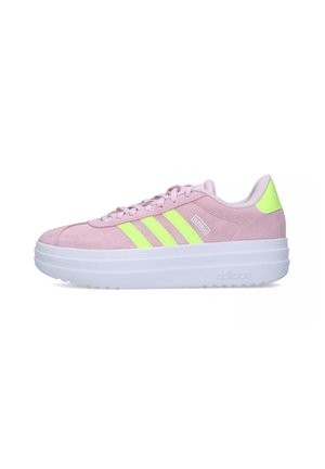 Pink suede sneaker with neon green accents, featuring three stripes design and a thick white rubber sole.