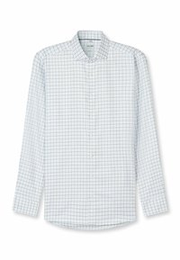 Weißes Hemd mit Knopfleiste, hellblau-grau kariert, lange Ärmel und Kragen. Mit geradem Saum und Standardmanschetten.