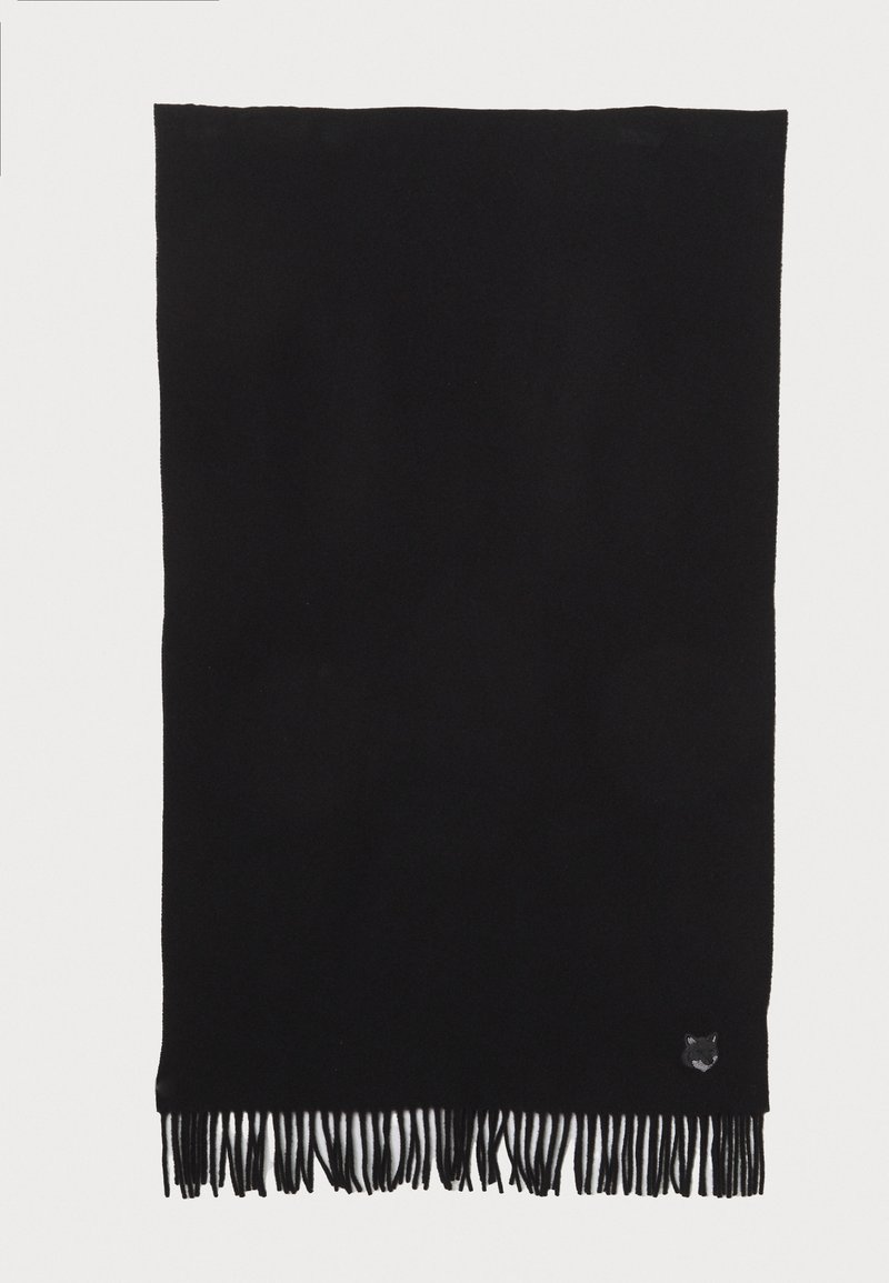 Black wool scarf with fringed ends. Features a small embroidered design at the corner. Smooth texture, rectangular shape.