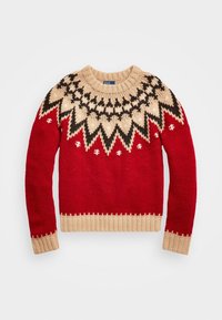 Pull rouge en tricot avec un motif géométrique crème et noir sur l'empiècement, col et poignets en côtes. Présente un corps uni rouge et un ourlet crème.