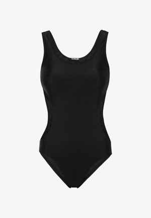 Μαύρο ολόσωμο μαγιό με λείο, ελαστικό ύφασμα, φαρδιές τιράντες στους ώμους και πλαϊνές κοψίματα για αεροδυναμικό σχήμα.