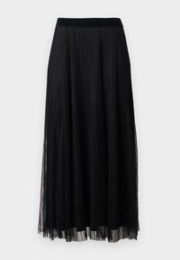 Black pleated maxi skirt with a textured design, featuring a smooth waistband and layered sheer fabric for a flowing silhouette.