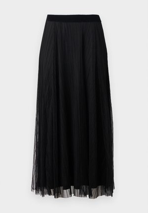 Gonna maxi nera plissettata con un design testurizzato, caratterizzata da una vita liscia e da un tessuto trasparente a strati per una silhouette fluttuante.