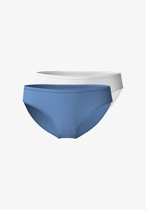 Two pairs of women's underwear: one in blue, the other in white. Both have a smooth texture, a wide waistband, and a basic design.