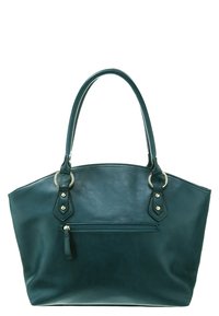 Sac à main en cuir vert sarcelle foncé avec deux poignées, attaches en anneau doré et une poche avant zippée.