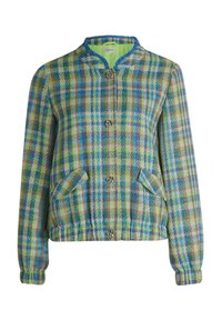 Marynarka w kratę w odcieniach niebieskiego, zielonego i żółtego, z okrągłym kołnierzem, zapięciem na guziki oraz bocznymi kieszeniami. Tkanina o wyraźnej fakturze.