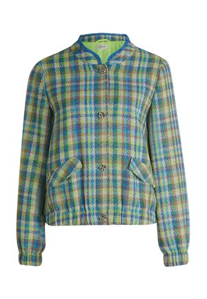 Marynarka w kratę w odcieniach niebieskiego, zielonego i żółtego, z okrągłym kołnierzem, zapięciem na guziki oraz bocznymi kieszeniami. Tkanina o wyraźnej fakturze.