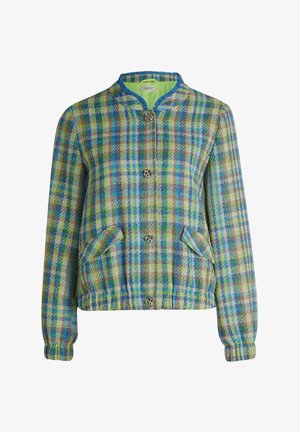 Marynarka w kratę w odcieniach niebieskiego, zielonego i żółtego, z okrągłym kołnierzem, zapięciem na guziki oraz bocznymi kieszeniami. Tkanina o wyraźnej fakturze.