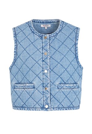 Gilet trapuntato senza maniche in denim azzurro chiaro con bottoni automatici sulla parte anteriore e due tasche orizzontali a filetto.