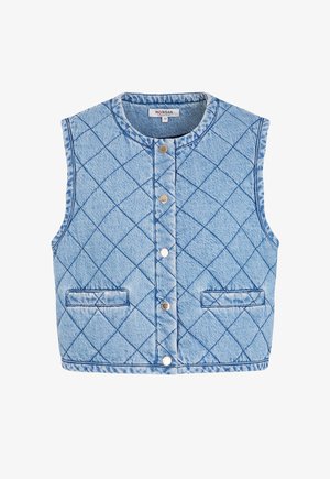 Gilet trapuntato senza maniche in denim azzurro chiaro con bottoni automatici sulla parte anteriore e due tasche orizzontali a filetto.