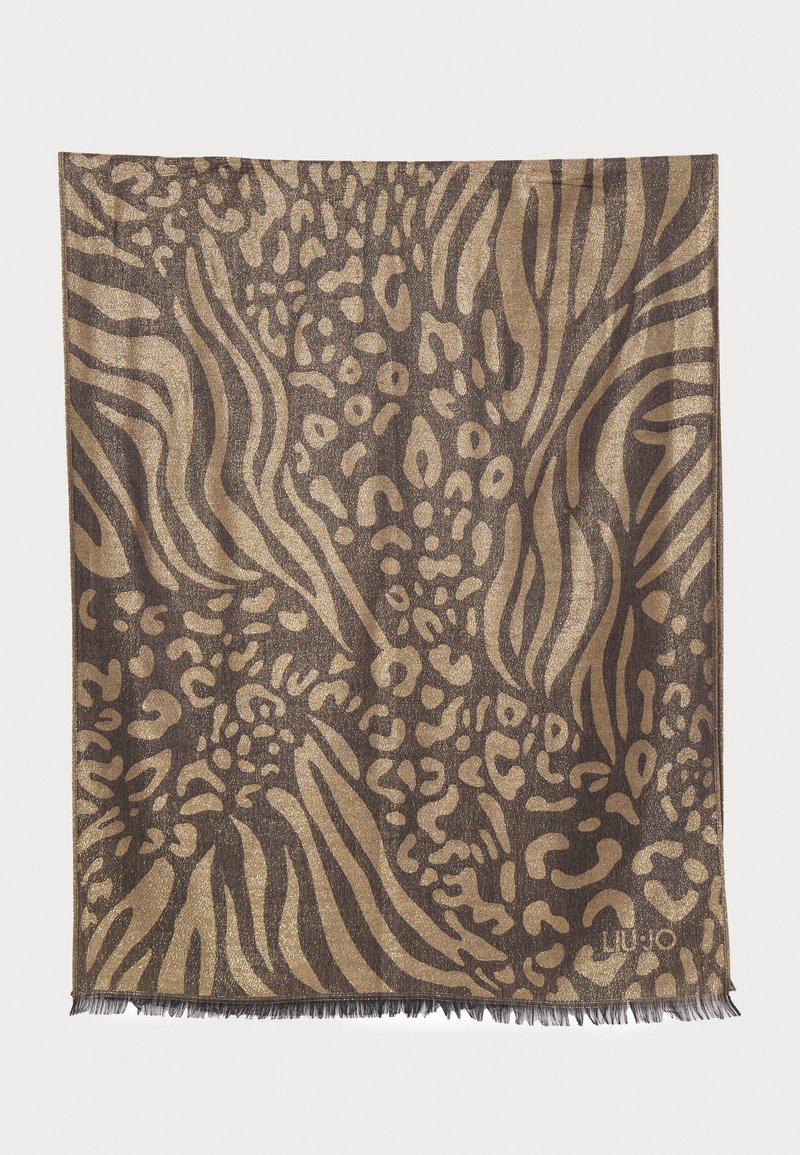 Šal s uzorkom leoparda u smeškim i zlatnim tonovima, s teksturiranim materijalom, resicama na rubovima i apstraktnim životinjskim uzorcima.
