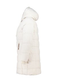 Witte pufferjack met capuchon, voorzien van een gequilt patroon, elastische manchetten en een voorkant met rits met een bruine trekker.