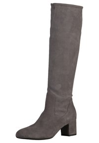 Gray suede over-the-knee boot with a square heel, smooth texture, and subtle seam detailing along the sides.