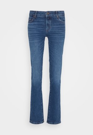 Blauwe denim jeans met een rechte pijp, voorzien van lichte vervaging, vijf-pocketindeling en een metalen knoopsluiting bij de tailleband.