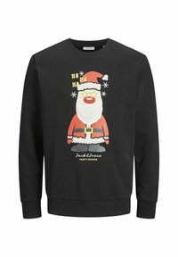 Maglione nero con una grafica giocosa di Babbo Natale con un naso rosso, occhiali gialli a stelle e fiocchi di neve, etichettato "Stagione delle Feste".