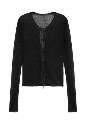 Black long-sleeve knitted top with a v-neck, features a front tie closure and a textured fabric. Simple design with no additional embellishments.