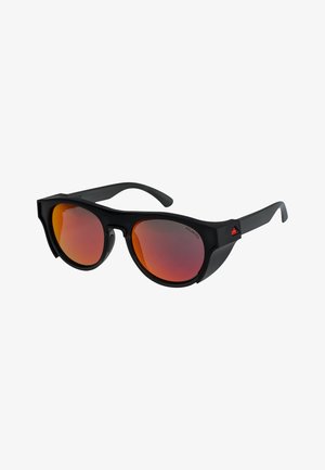 Black sunglasses with a sleek design, polarized lenses that transition from orange to dark, and curved sides for enhanced fit.