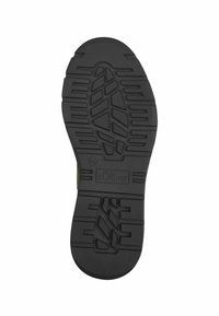 Semelle en caoutchouc noir avec un motif de bande de roulement texturé, arborant un logo et un marquage de taille ; conçue pour l'adhérence et la durabilité.