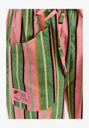 Spodnie w paski w kolorach różowym, zielonym i żółtym, wykonane z lekkiego materiału, z kieszonką naszywaną i metką z logo.