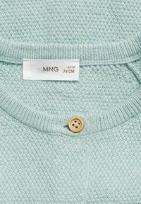 Maglione a maglia verde menta chiaro con scollatura rotonda, dotato di un bottone in legno e un'etichetta che mostra informazioni sulla taglia e sul marchio.