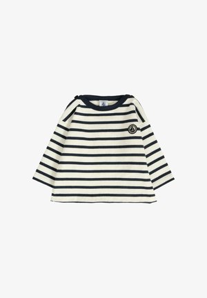 Gestreepte langemouwen shirt in crème en marineblauw, gemaakt van zachte stof. Heeft een ronde hals en een klein logo-patch op de borst.