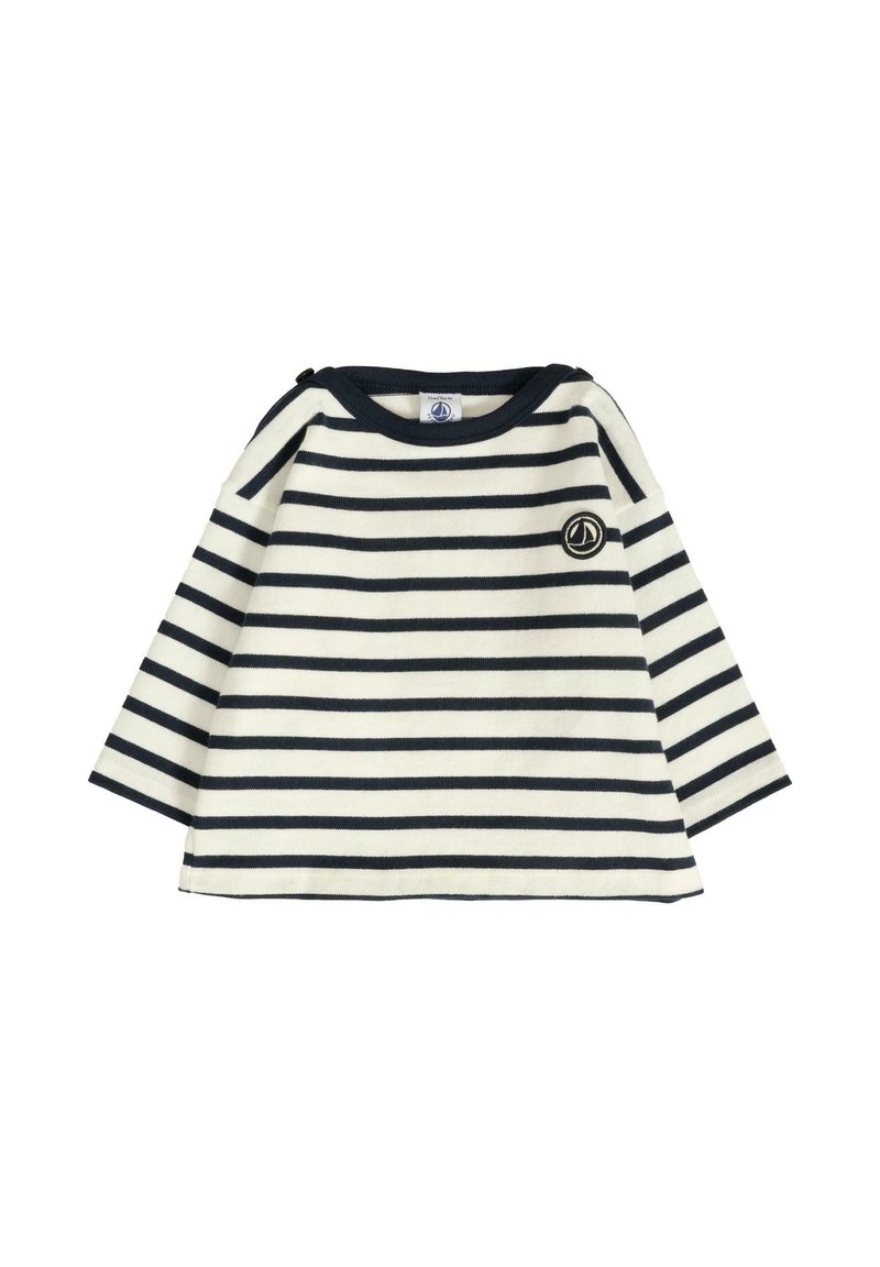 Chemise à rayures à manches longues en crème et marine, fabriquée en tissu doux. Dotée d'un col rond et d'un petit logo sur la poitrine.