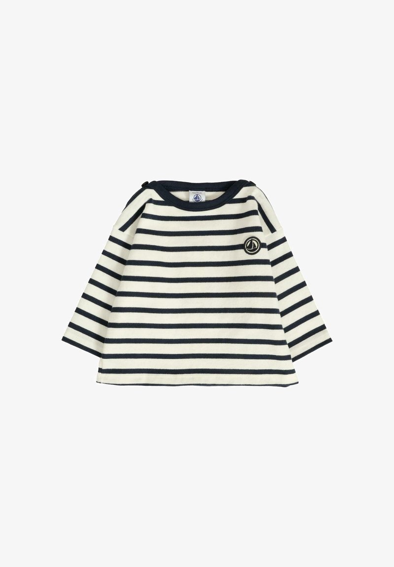 Camicia a maniche lunghe a righe in crema e blu navy, realizzata in un tessuto morbido. Presenta un colletto rotondo e una piccola etichetta con logo sul petto.