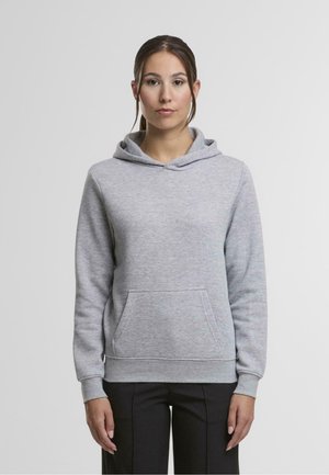 Hellgraue Kapuzenjacke aus Baumwollmischung mit einer Fronttasche, Kordelzugkapuze und gerippten Bündchen und Saum. Einfaches Design, minimale Details.