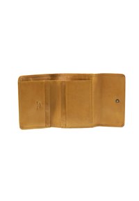 Tan leather wallet with multiple card slots and a single snap closure. Smooth texture with neat stitching and a subtle RFID protection mark.
