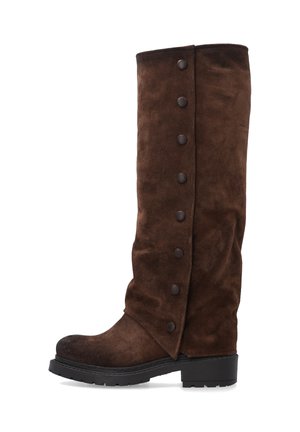 Tall brown suede boot with six buttons down the side and a black chunky sole and heel.