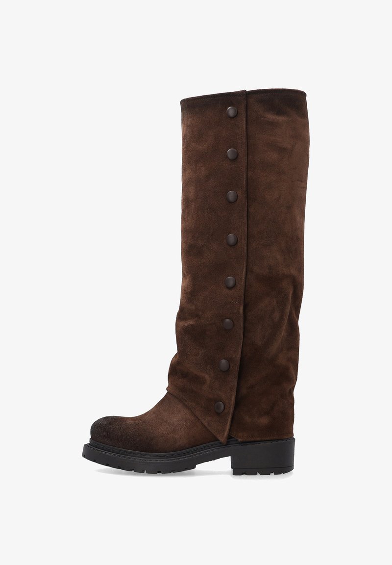 Tall brown suede boot with six buttons down the side and a black chunky sole and heel.
