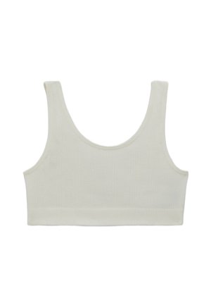 Top court blanc côtelé avec larges bretelles et design sans couture, présentant une texture douce et une silhouette ajustée.