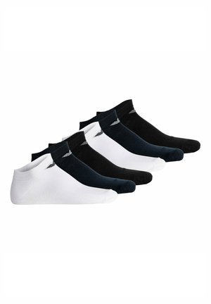 Set aus sechs niedrig geschnittenen Socken in Schwarz, Weiß und Dunkelblau, jeweils mit kleinem Logo nahe dem Bündchen, in abwechselnden Farben angeordnet.