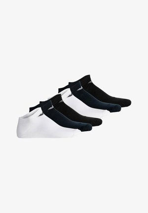 Set van zes lage sokken in zwart, wit en donkerblauw, elk met een klein logo vlak bij de boord, in afwisselende kleuren gerangschikt.