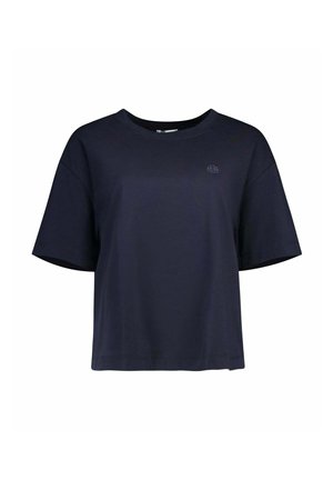 T-shirt bleu marine foncé à manches courtes avec col rond et petit logo brodé sur la poitrine gauche, design simple et épuré.