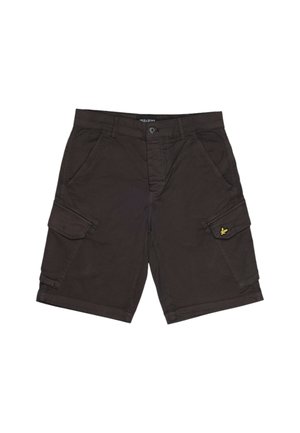 Pantaloni cargo marroni scuri realizzati in tessuto, dotati di più tasche, chiusura con bottone e un accento giallo con logo sulla tasca laterale.