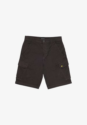 Pantaloni cargo marroni scuri realizzati in tessuto, dotati di più tasche, chiusura con bottone e un accento giallo con logo sulla tasca laterale.