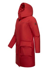 Červená vypchávkovaná parka s veľkou kapucňou, dvoma prednými vreckami a zipsom. Obsahuje detail loga a hladkú, lesklú štruktúru.