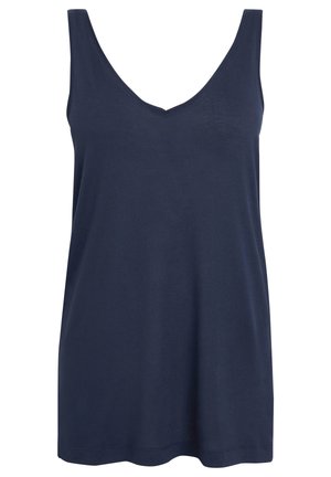Débardeur bleu marine sans manches avec col en V et coupe décontractée, en tissu lisse.