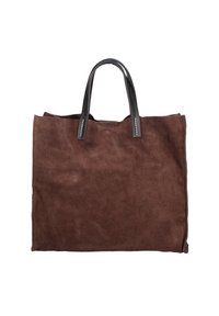 Bruine suède tote bag met zwarte leren handvatten. Heeft een eenvoudig, open ontwerp en een zachte, textuur oppervlak zonder zichtbare versieringen.