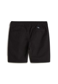Zwarte shorts met een elastische tailleband, uitgerust met twee achterzakken en een Vans-logo label nabij de tailleband. Glad textuur en casual ontwerp.