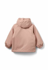 Giacca impermeabile rosa chiaro con cappuccio, polsini elastici e design a vestibilità rilassata. Texture liscia dallo stile minimalista.