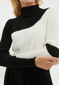 Suéter de cuello alto acanalado con diseño de bloques de color en blanco y negro, mangas largas y silueta ajustada.