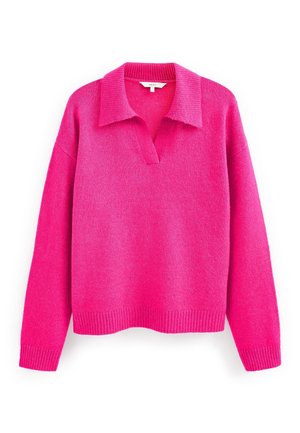 Pull rose vif à manches longues avec poignets et ourlet côtelés, avec un large col et une ouverture en forme de V au niveau du décolleté.