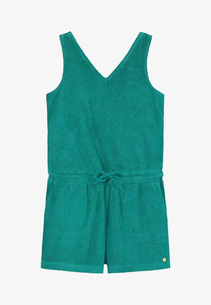 Zelenomodrý terry overal s výstrihom do V, bez rukávov, s opaskom na šnúrku a bočnými vreckami; obsahuje malé zlaté logo.