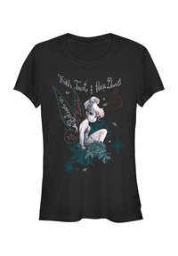 Svart bomull t-shirt med en grafik av en fe med blå detaljer, blomsterelement och texten "Tro, tillit och fe-damm."