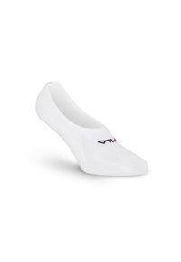 Άσπρη κάλτσα no-show με μαύρο και κόκκινο λογότυπο της Fila κεντημένο κοντά στα δάχτυλα, σε απλό λευκό φόντο.