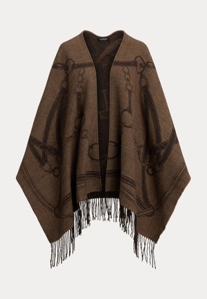 Brązowy poncho z wzorem w przeciwieństwa, z frędzlami i łańcuchowym wzorem w ciemniejszych odcieniach brązu.